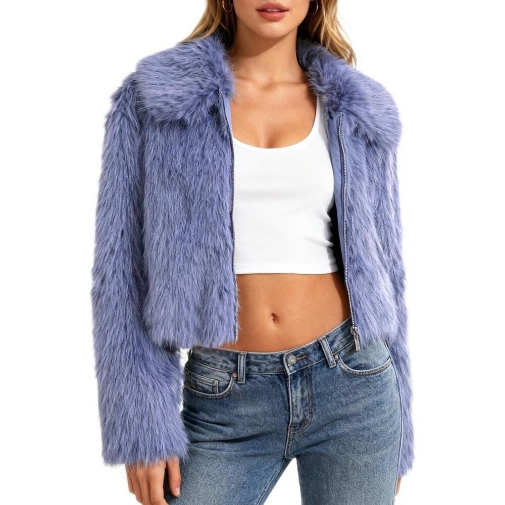Women's Faux Fur Zip-Up Cropped Jacket Long Sleeve Warm Winter Coat Purple